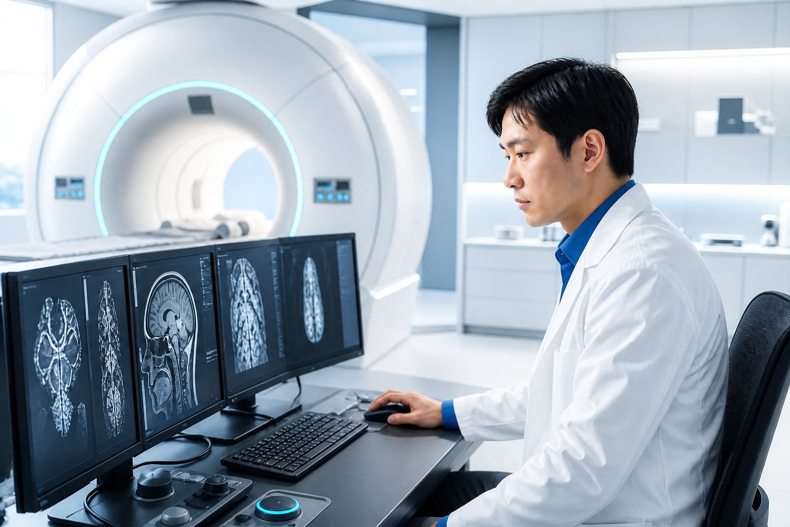医学影像研究人员在明亮临床计算环境中工作