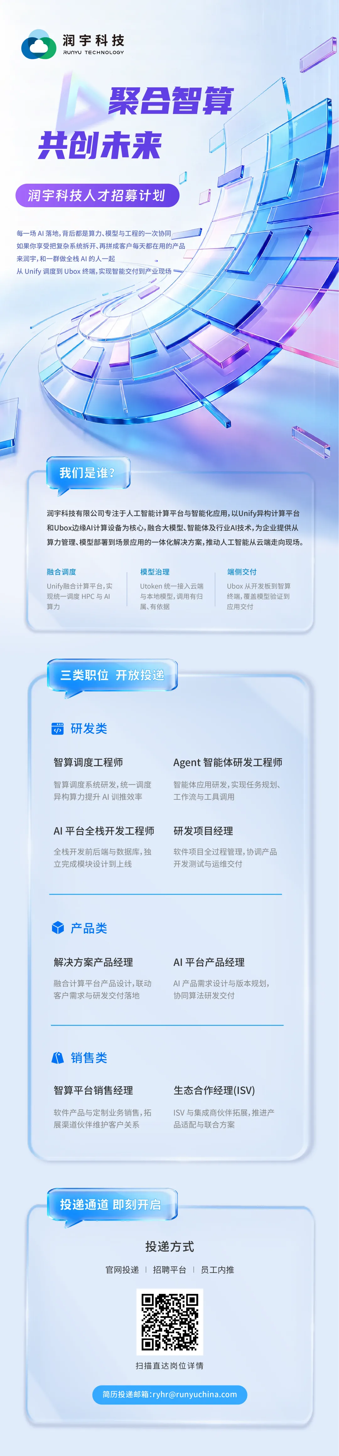 润宇科技AI算力专项人才招募完整海报：研发类为智算调度研发工程师、Agent智能体研发工程师、AI平台全栈开发工程师、研发项目经理，产品类为解决方案产品经理、AI平台产品经理，销售类为智算平台销售经理、生态合作经理(ISV)。简历投递邮箱：ryhr@runyuchina.com。