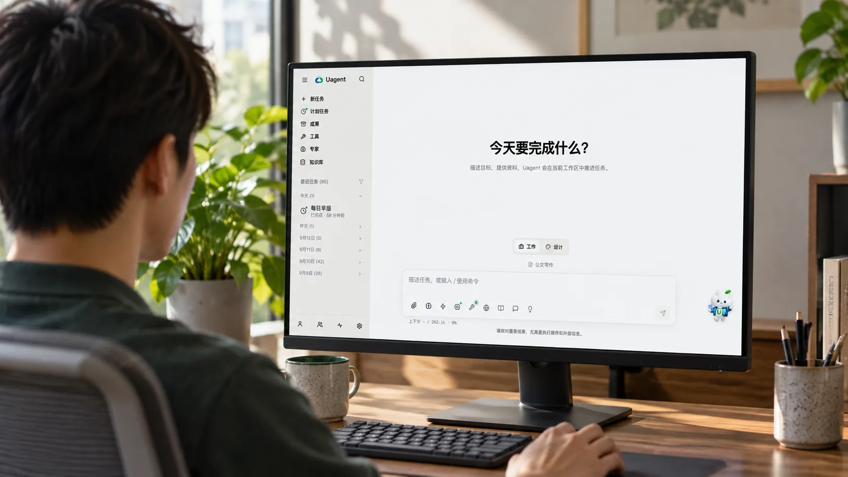 员工在木质工位使用 Uagent 工作台首页的场景示意