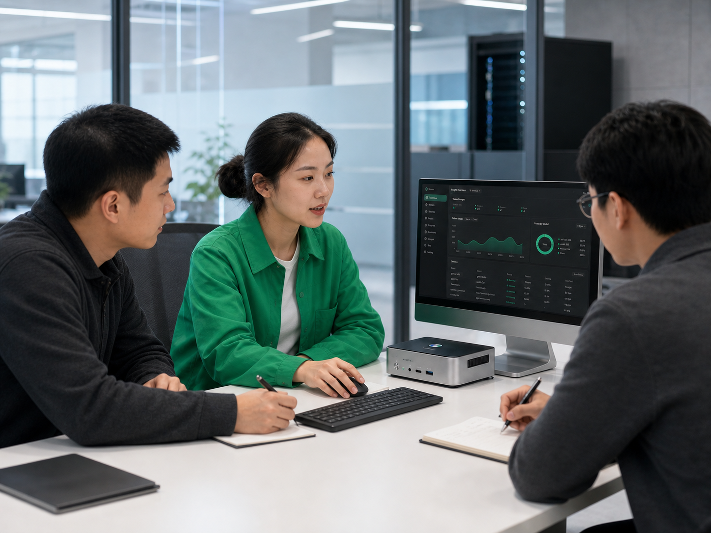 现代技术团队在校内使用 Ubox Token 模型服务，其中女性穿品牌绿上装